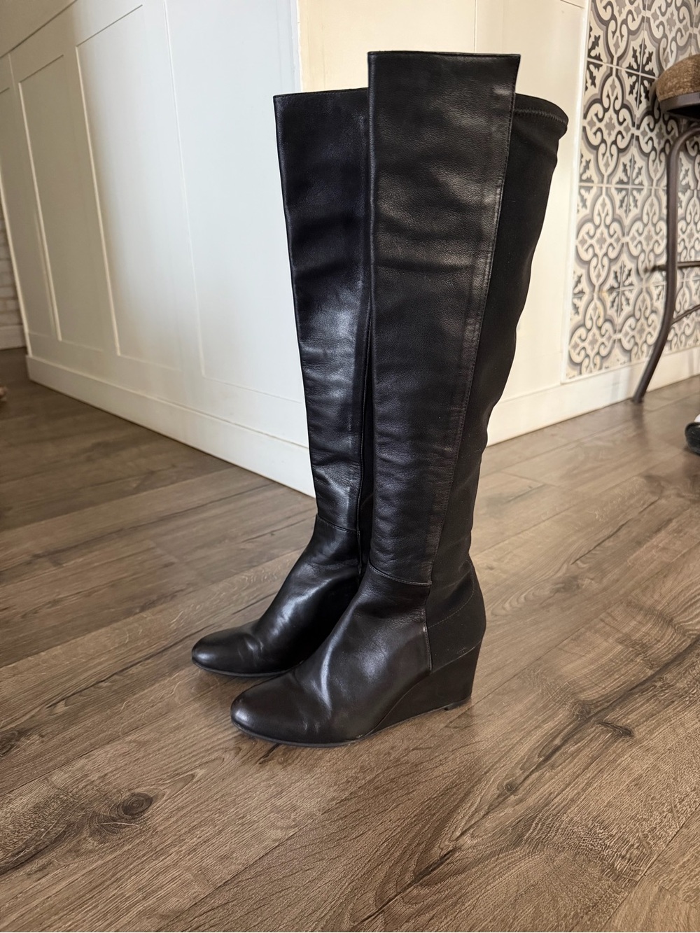Stuart Weitzman Women's Over the Knee 5050 Boots Black Leather Wedge Heel, 6M